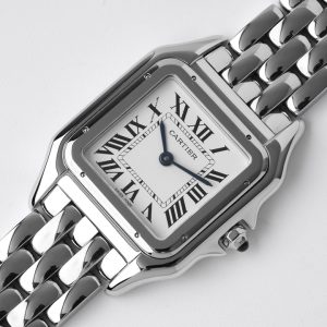 Alternative view of The latest upgraded version of the BV [Medium 27x37mm] Cartier Panthère de Cartier watch features a square double-layer case that appears more three-dimensional and elegant, further highlighting the timepiece's grace and timeless appeal. The white dial showcases Cartier-style hour markers, infusing the watch with the brand's signature charm.The blue central hour and minute hands resemble two spirits dancing with time, adding a touch of brilliance to the entire watch. True to traditional Cartier watches, the crown is set with a signature sapphire, showcasing the unique charm of the high-end watch and jewelry brand Cartier.The crown features a non-slip texture for easy adjustment. Protective bridges flanking the crown enhance security.       Compared to open-back designs, the solid caseback safeguards the movement. Beneath the engraved Cartier logo on the 18K gold caseback, the "WATER RESISTANT" inscription guarantees the watch's water resistance.The flexible link bracelet stands as another highlight, radiating a dazzling, full-bodied brilliance that exudes unique elegance and luxury from top to bottom. 1⃣️ Dimensions: 27x37mm, Thickness: 6mm 2⃣️ Case: 316L Stainless Steel 3⃣️ Dial:Classic silver-plated white 4⃣️ Hands: Blue-steel 5⃣️ Glass: Sapphire crystal 6⃣️ Bracelet: 316L stainless steel 7⃣️ Crown: Set with blue spinel/diamond 8⃣️ Movement: Swiss quartz movement